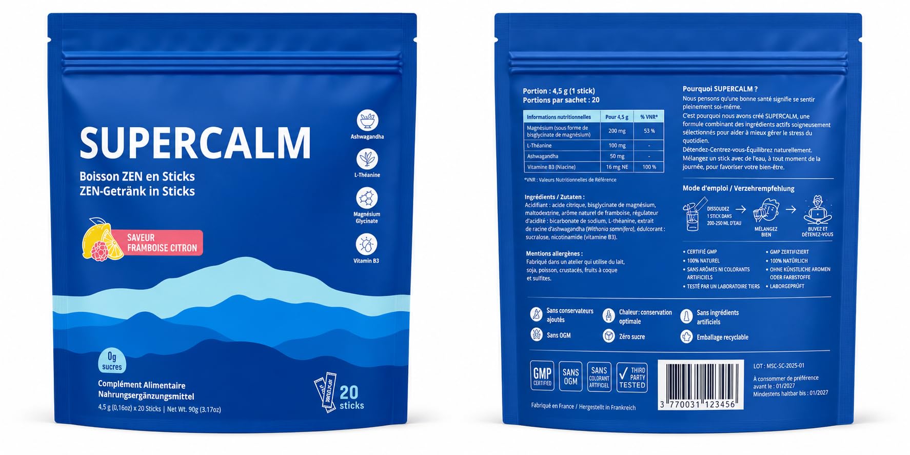 SUPERCALM Cortisol – Boisson Anti Stress – Lot de 2 x 20 Sticks – Ashwagandha, Magnésium Bisglycinate, L-Théanine, Vitamine D3 – Anti Cortisol Puissant – Framboise Citron Sans Sucre – Cure 40 Jours