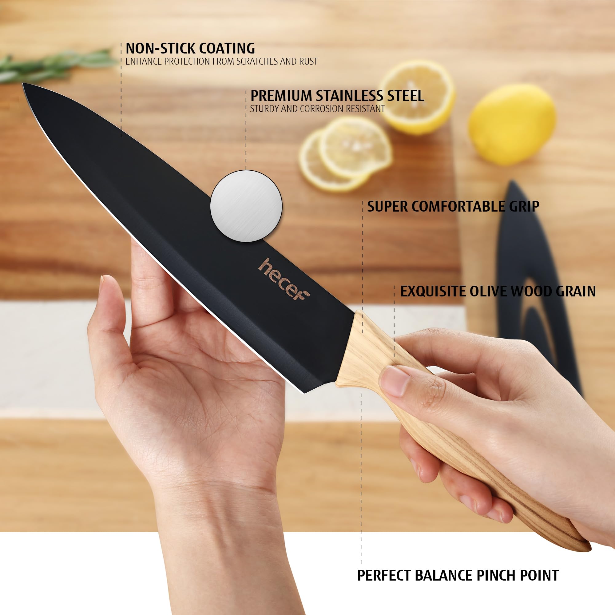 hecef Set Coltelli Cucina 6 Pezzi con Fodero, Acciaio Inox Ultra Affilati, Manico Effetto Legno D’Olivo, Set Coltelli Chef Professionali per Casa & Professionale, Antiruggine
