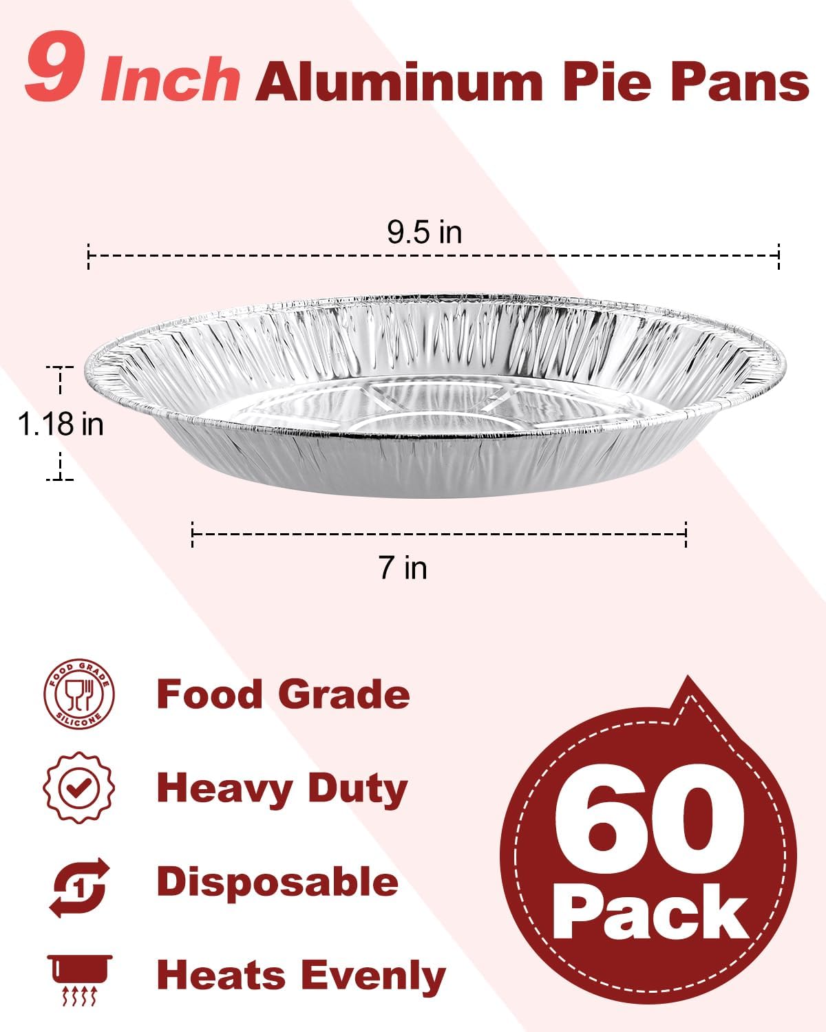 60 Pack 9 Inch Disposable Aluminum Pie Pans - Round Foil Pie Tins, Foil Plates, Takeout Food Containers for Tart Baking, Cooking, Reheating, Roasting