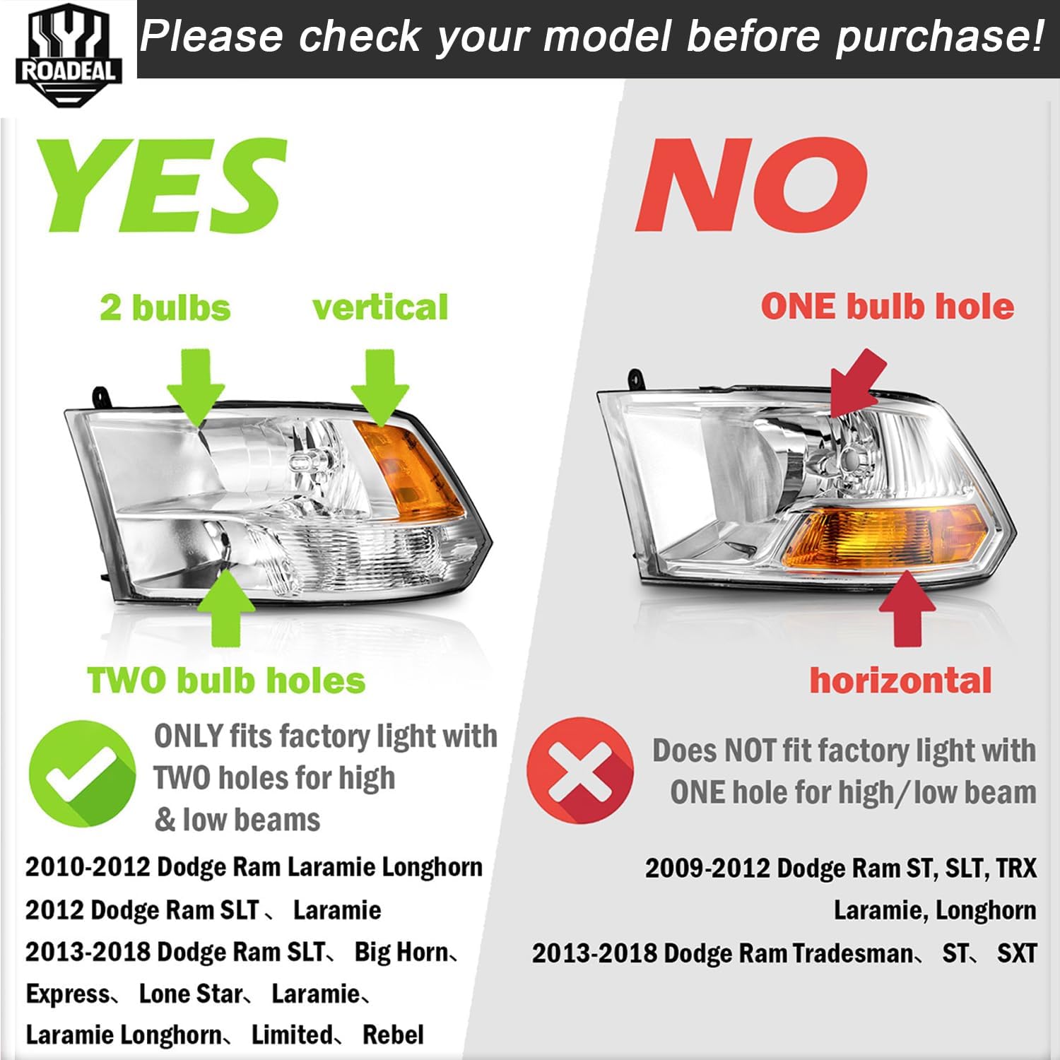 Headlights for 2009-2018 Dodge Ram 1500, for 2010-2018 Dodge Ram 2500 3500 with High/Low beam Bulbs, Driver & Passenger Side(ONLY fit Quad-Hole Single Headlight) A/Chrome Housing Amber Reflector Clear Lens OE Replacement