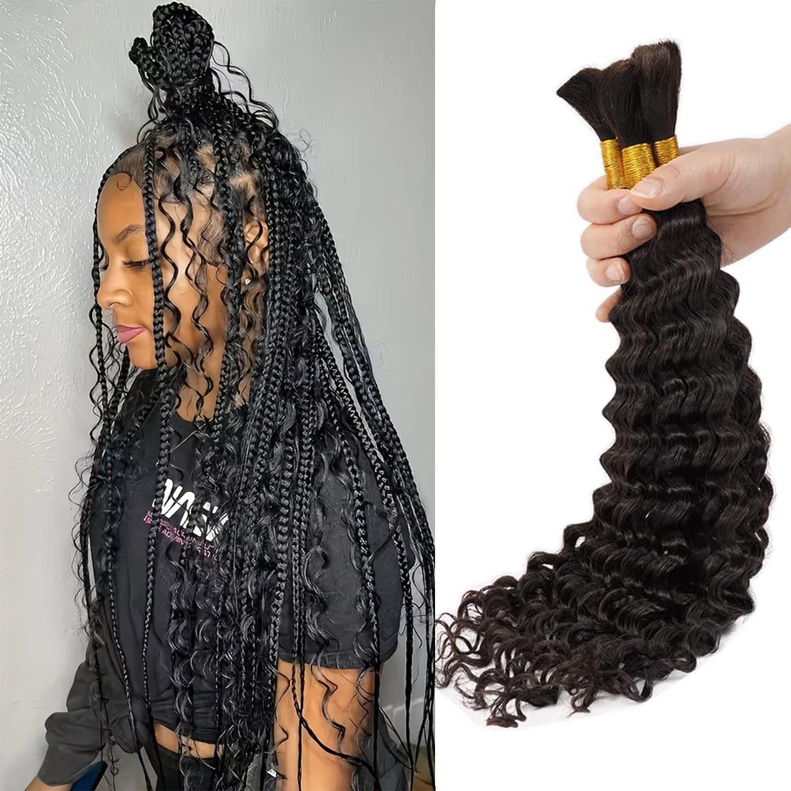 Human Hair Braiding Hair No Weft Human Hair Bulk for Micro Braiding Human Hair Extension 18 Inch Deep Wave Natural Black Human Hair for Braids Human Braiding Hair Boho Braiding 200g（50g x 4）