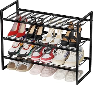 Metal Shoe Rack Organizer for Closet and Entryway, 3 Tier 27" Wide Free Standing Wire Grid Shoe Shelf, Black