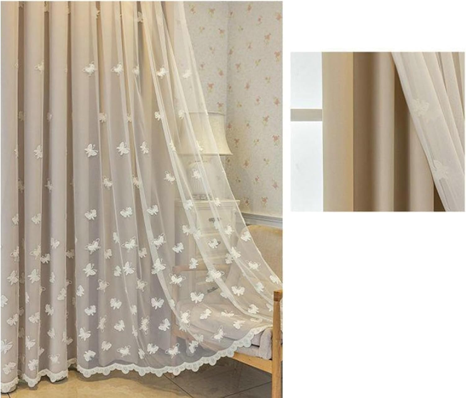 Living Room Curtains 2 Panel Sets Blackout 63 inch Long, Blackout Curtains Eyelets Double Layer Solid Color Embroidered Butterflies Window Treatment Curtain Beige, 52 x 63 Inch