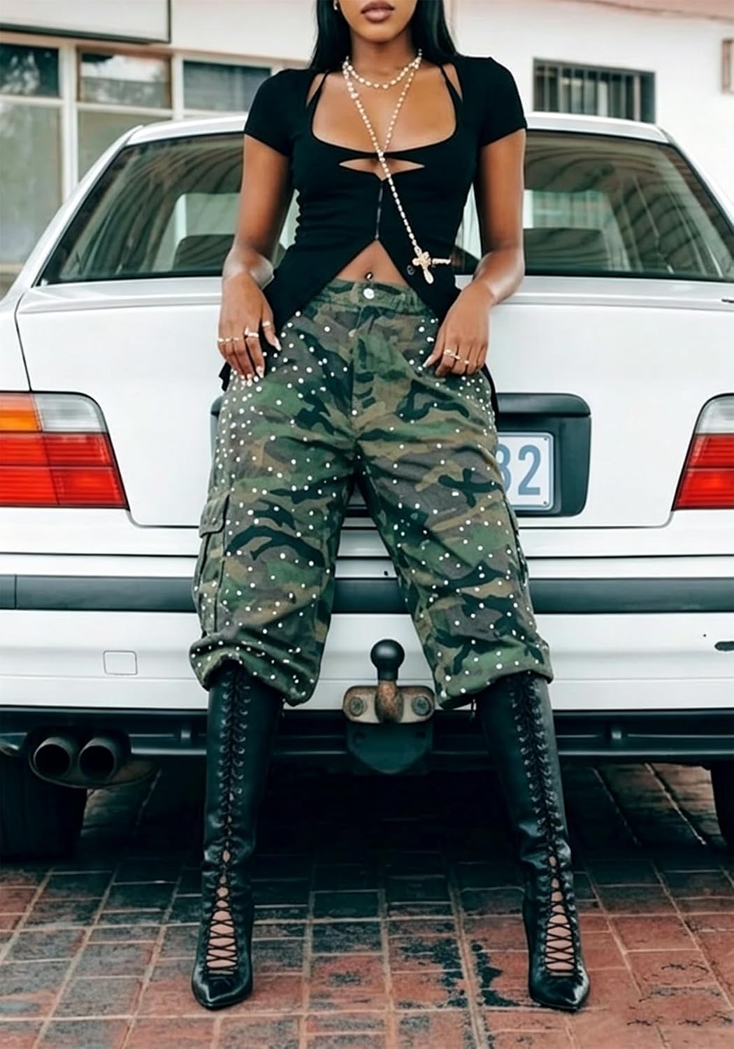 Women Baggy Camo Cargo Shorts Trendy Rhinestone Pearl Bermuda Jorts