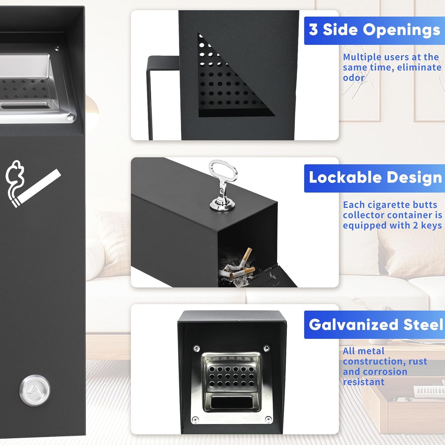 Wall Mounted Trash Can Outdoor, Easy to Clean, Black Metal Trash Bin Container for Patio,Restaurants,Hotels,Pub Clubs (Ripple Black)