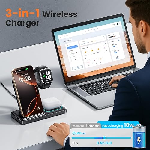 Miniatura 4 de DUMTERR Estación de carga 3 en 1 para Apple, cargador inalámbrico para iPhone 17 16 15 14 13 12 11 Pro Max, estación de carga inalámbrica plegable