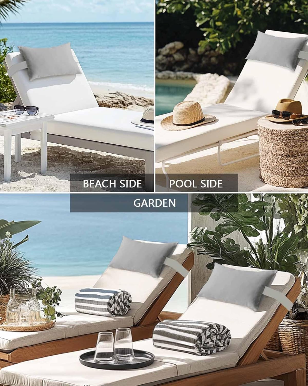 Grey Solid Color Outdoor Head Pillows for Recliner Lounge Chair,Pack of 1 Waterproof Throw Pillow Cushion Cases with Insert&Elastic Strap,Minimalist Art Neck Pillow for Patio Beach