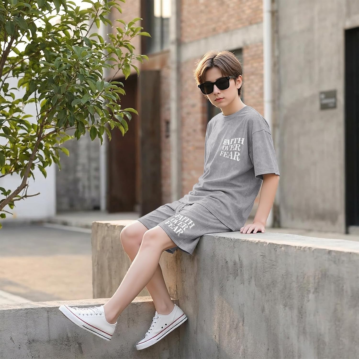 Boy's Christian Shirt and Shorts Set Oversized Cotton Faith Over Fear T Shirt Washed Religious Bible 2 Piece Outfit