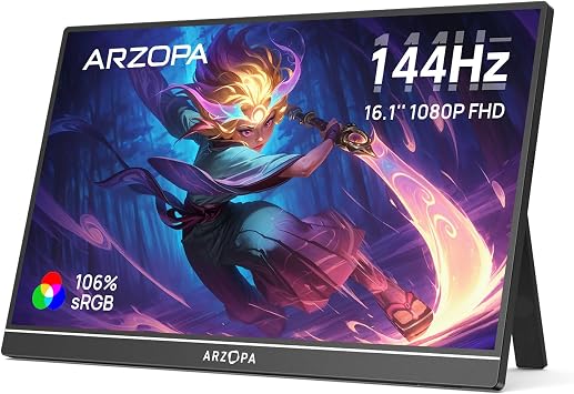 ARZOPA Z1FC 16.1 Inch 144Hz Portable Monitor with One Stand 106% sRGB 1920 x 1080P FHD HDR 144HZ Gaming Monitor Ultra Thin Eye Protection External Second Screen for Laptop/PC/Mac/PS3/4/5/Xbox