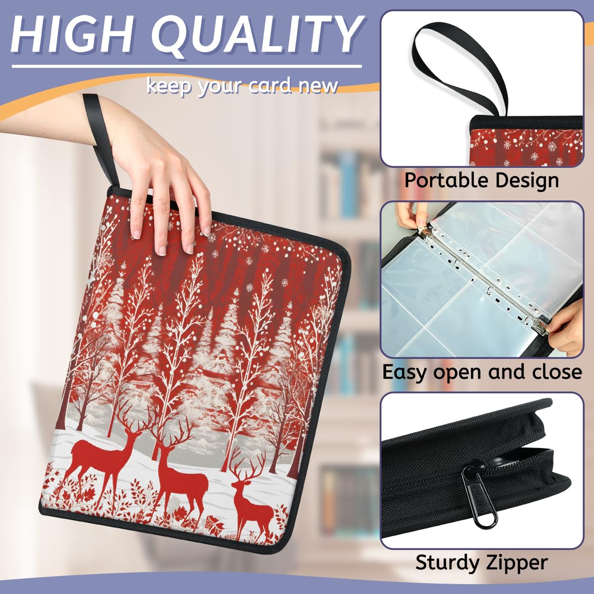 Raccoglitore per carte collezionabili con 4 tasche, motivo cervo natalizio invernale, abete, con maniche rimovibili, impermeabile, con cerniera, 50 pagine, capacità 400 carte