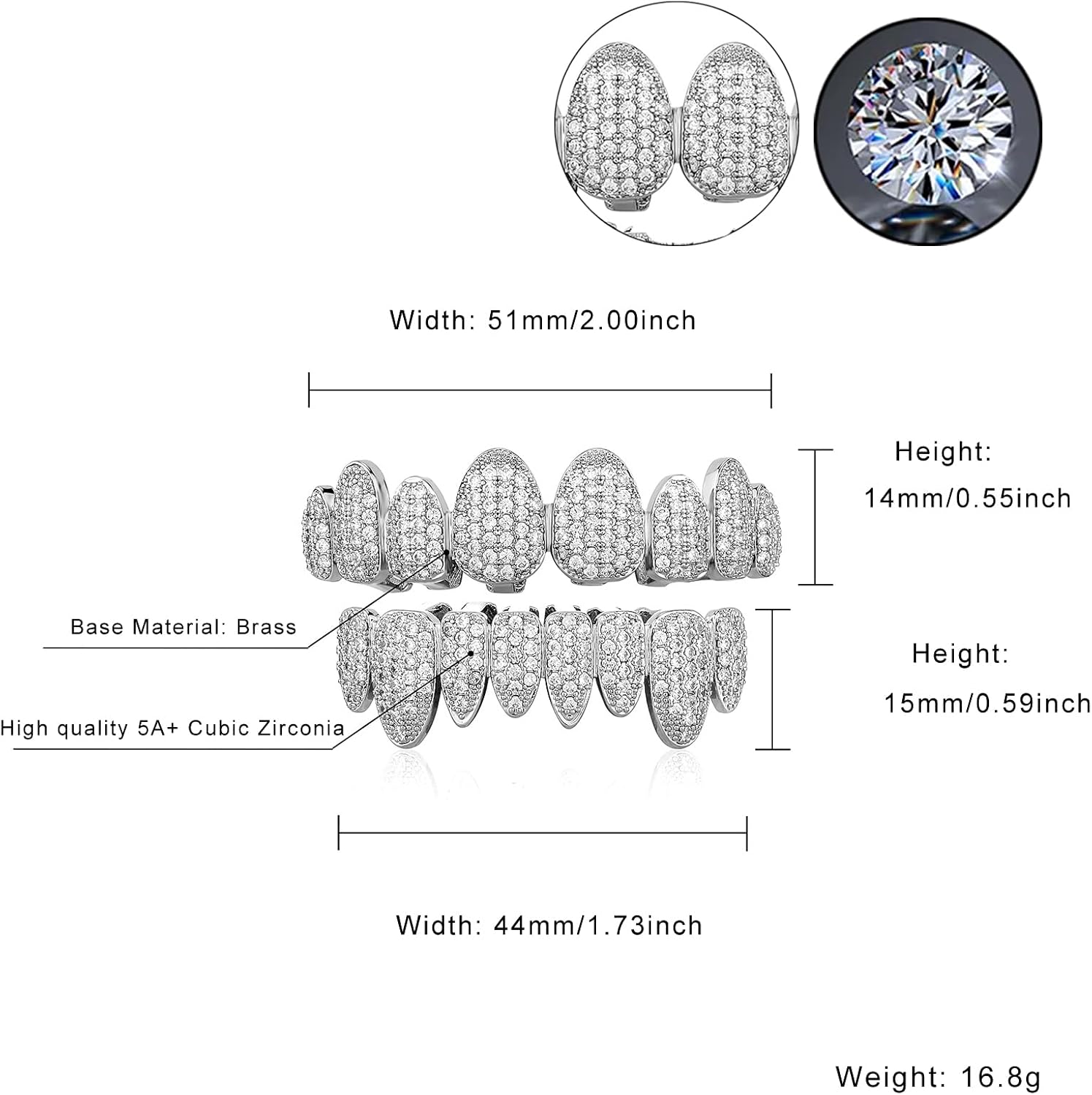 JINAO Diamond Grillz for Your Teeth 14K Gold Plated Iced Out CZ Teeth 8 Top 8 Bottom Mouth Grills Set for Men Women Hip Hop