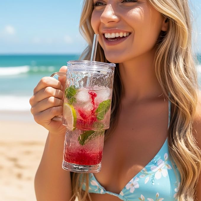 Vaso con Tapa, Sorbete y Asa, 26 oz, Vidrio Resistente, Pack de 2 miniatura 2