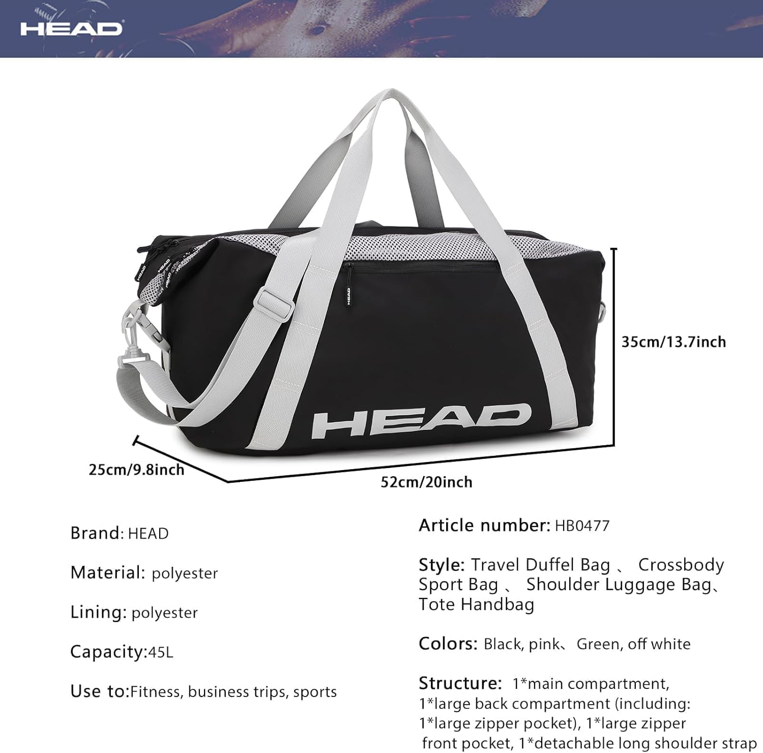 HEAD 45L Black Waterproof Gym Duffel Bag for Women Men, Large Capacity Weekender Overnight Bag with Detachable Strap, Lightweight Travel Tote for Fitness, Yoga & Business Trips - Image 4