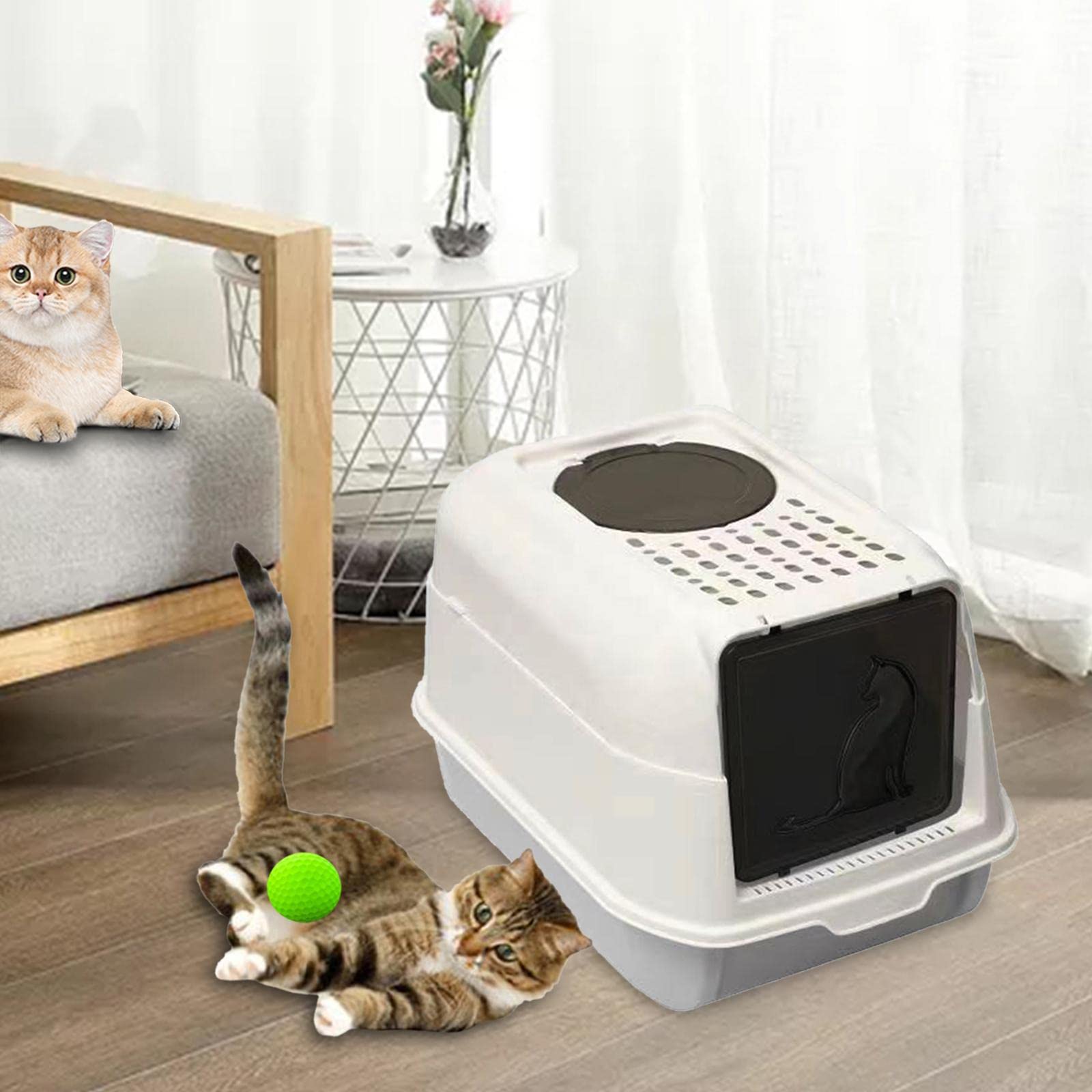 Arenero para Gatos con Tapa, Puerta Retráctil, Bandeja Abierta, Laterales Altos, Material PP, Función de Control de Olores, Apto para Uso en Interiore