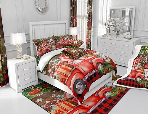 Miniatura 6 de Manfei Sábana bajera ajustable de Navidad, tamaño individual, juego de ropa de cama de 2 piezas con diseño de hojas verdes de camión rojo, Papá