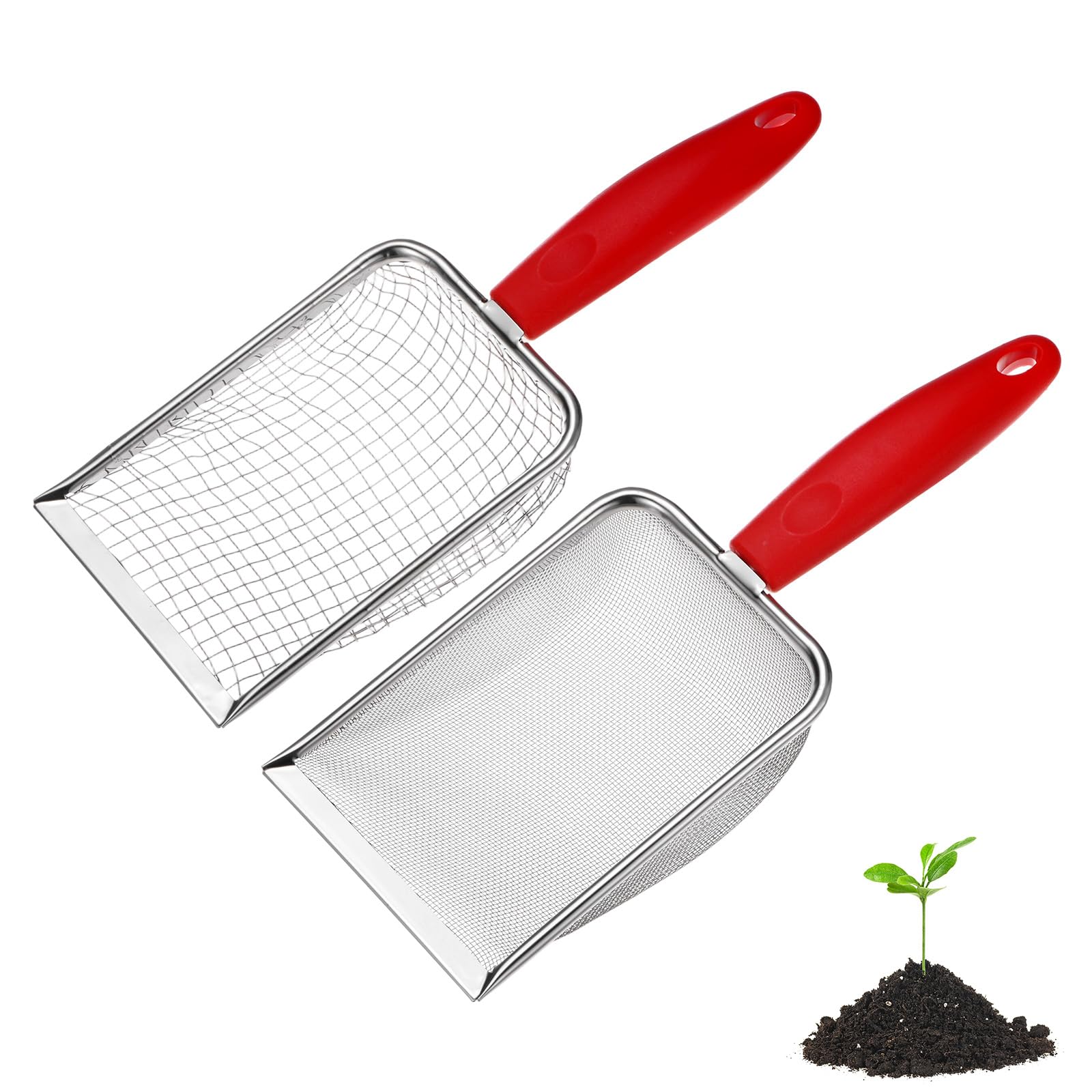 M METERXITY 2-Pack Gardening Soil Sifter, 5, 1 mm Mesh Stainless Steel Portable Gardening Sifter with Plastic Handle for Sand/Dirt/Rock Compost [White, Red]
