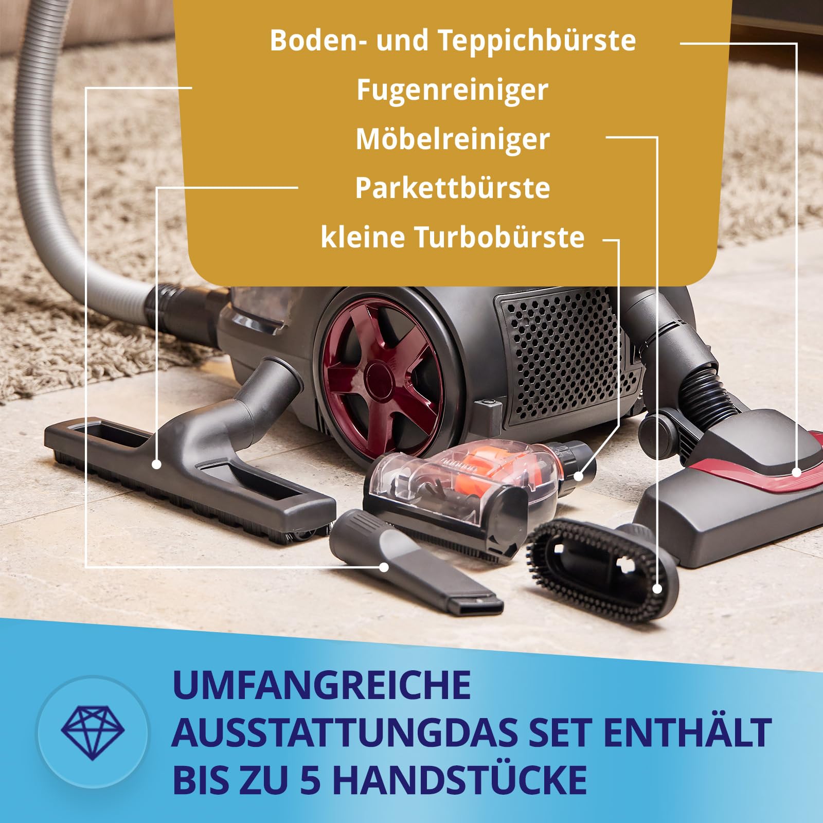 MPM Odkurzacz bezworkowy – pojemnik 2,5 l – filtr HEPA – z nasadkami/akcesoriami i uchwytem teleskopowym – 850 W