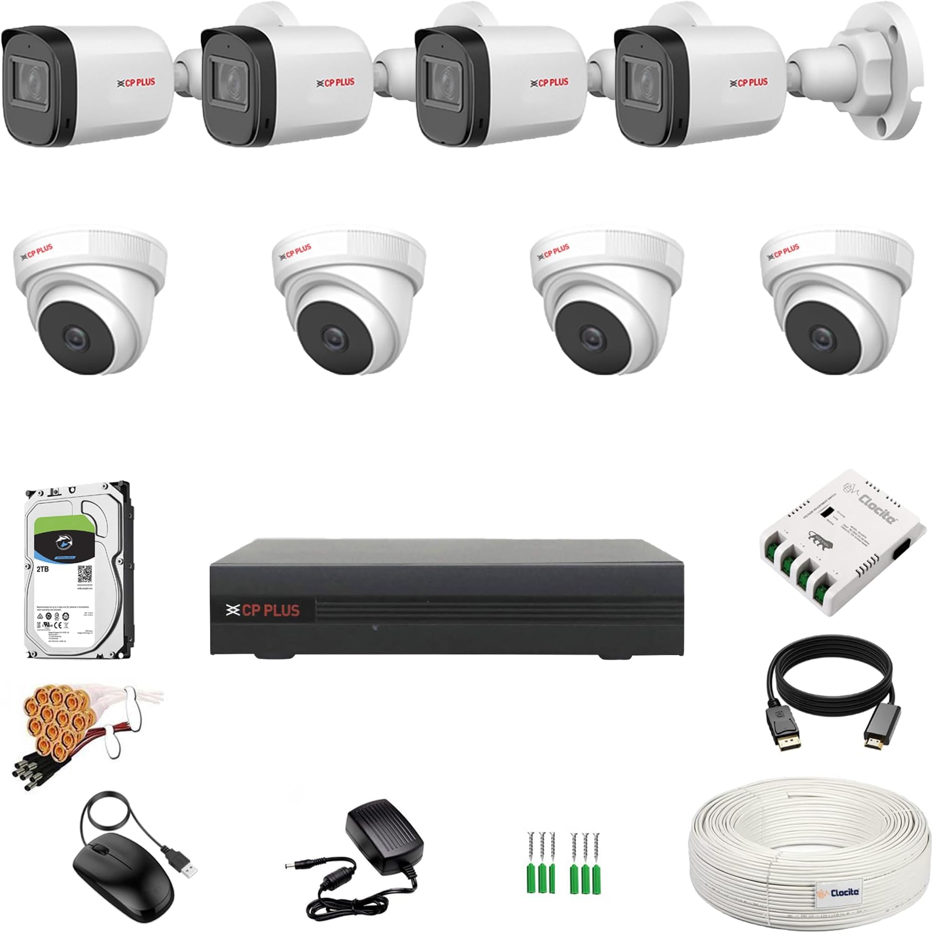CP Plus 5MP 8 Channel DVR, 5MP 4 Dome & 4 Bullet Cameras (Audio Recording) [Night Vision + Built-in MIC Audio + Crystal IR LEDs + Motion Detection] + 2 TB HDD + 8 CH SMPS + CCTV Cable + BNC/DC