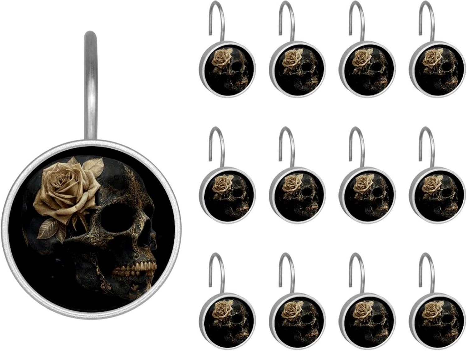 Black Gold Rose Skull (7) Round Crystal Glass Decorative Shower Curtain Hooks with 3D Pattern Visual, Rust Proof Shower Curtain Rings-12 Pack