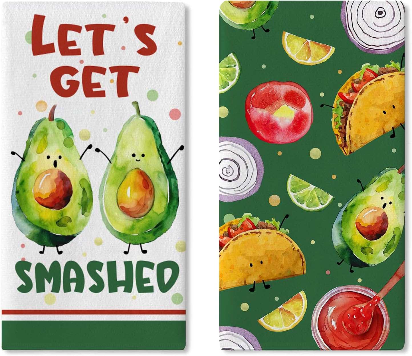 Let's Get Smashed Mexican Food Kitchen Dish Towels Set of 2, Green Vegetable Fruit Avocado Taco Drying Hand Towel Baking Cooking Cloth, Funny Bathroom Home Decoration Foodie Gift 18'' x 26''