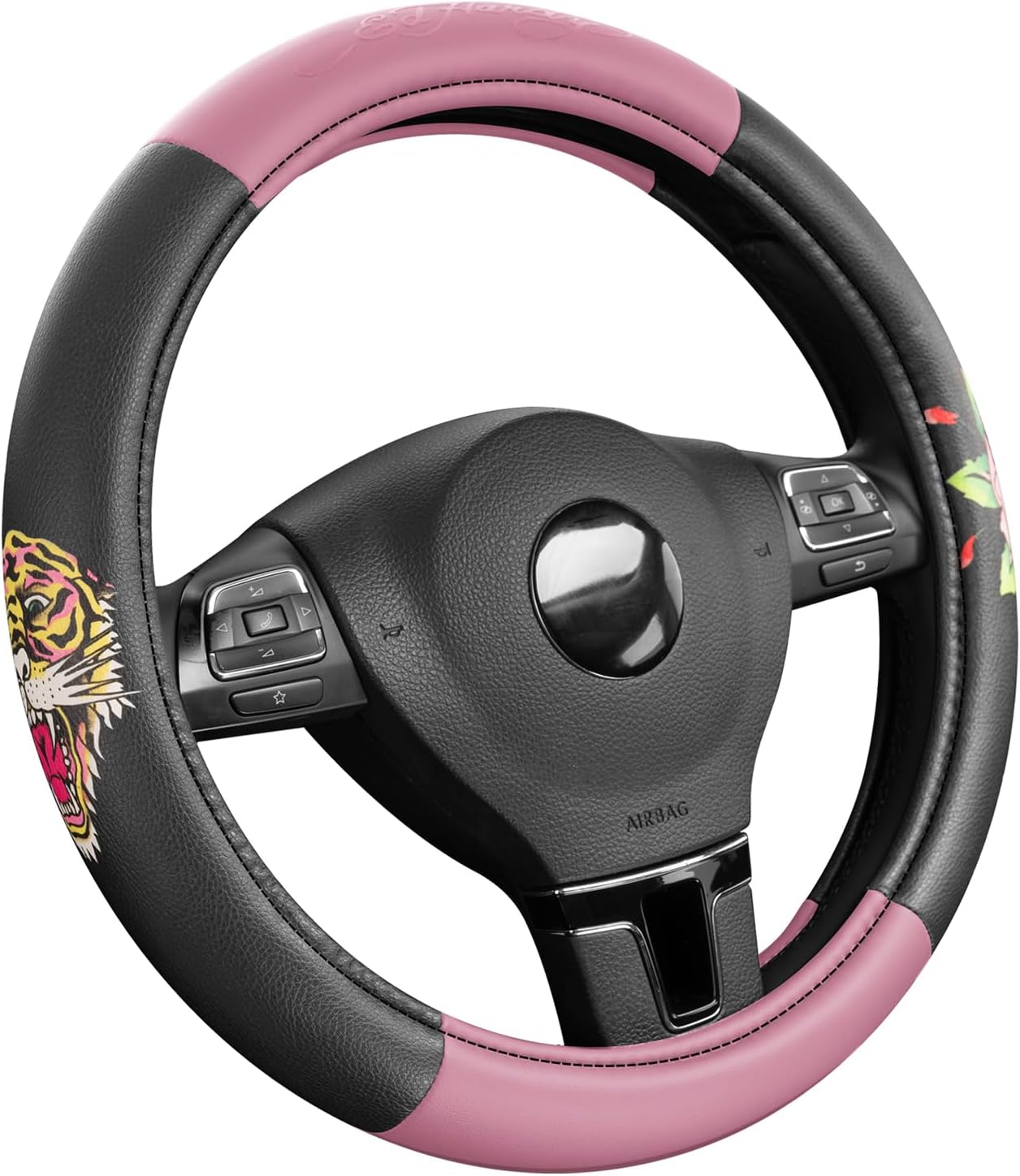 ED HARDY Tiger Print Steering Wheel Cover, Pink Leather Universal Car Streeing Cover, Fits 14.5-15.5 Inch Steering Wheels, Anti-Slip Comfortable Grip, Durable Auto Interior for Cars, SUVs, Trucks