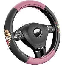ED HARDY Tiger Print Steering Wheel Cover, Pink Leather Universal Car Streeing Cover, Fits 14.5-15.5 Inch Steering Wheels, Anti-Slip Comfortable Grip, Durable Auto Interior for Cars, SUVs, Trucks