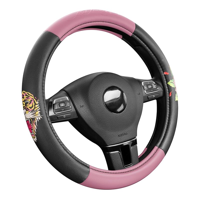 Capa para Volante ED HARDY Estampa de Tigre Rosa em Couro, para Volantes de 36,8 a 39,4 cm, 1 unidade