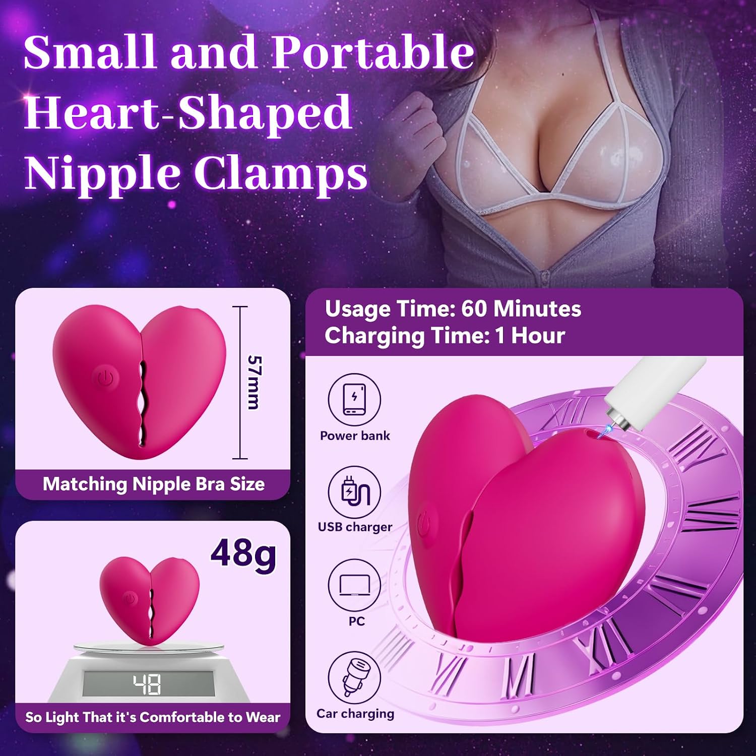 Murago Nipple Vibrator Sex Toys - Heart Shaped Nipple Clamps Adult Toys, APP Control Vibrator with 9 Vibration Mode, Adjustable Silicone Lightweight Invisable Sex Toy for Women Couple DeepPink
