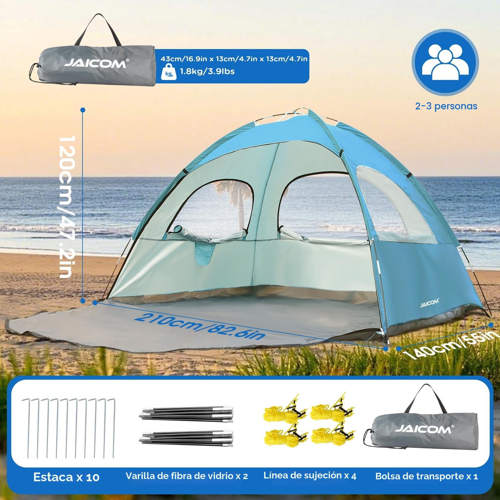 JAICOM Tienda de campaña playa 2-3 personas UPF 50+ UV ligera montaje rápido 3 ventanas ventiladas familia