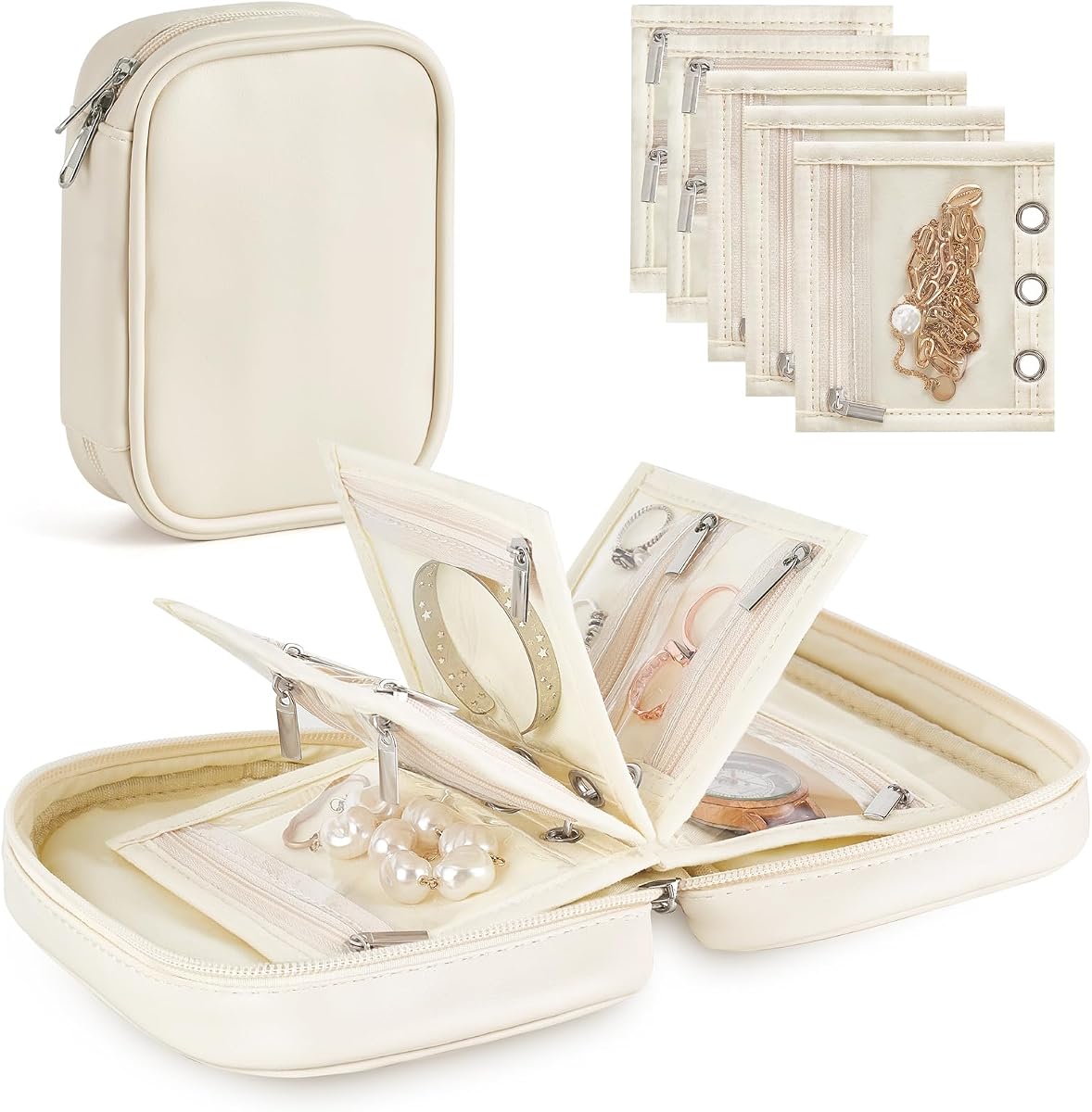 Mkono Travel Jewelry Case Mini Travel Jewelry Organizer Pouch with 5 Pages | Double Sided Velvet Pages, PU Shell, Adjustable Ring Binders, PVC Windows, Storage for Necklaces Earrings Rings Bracelets
