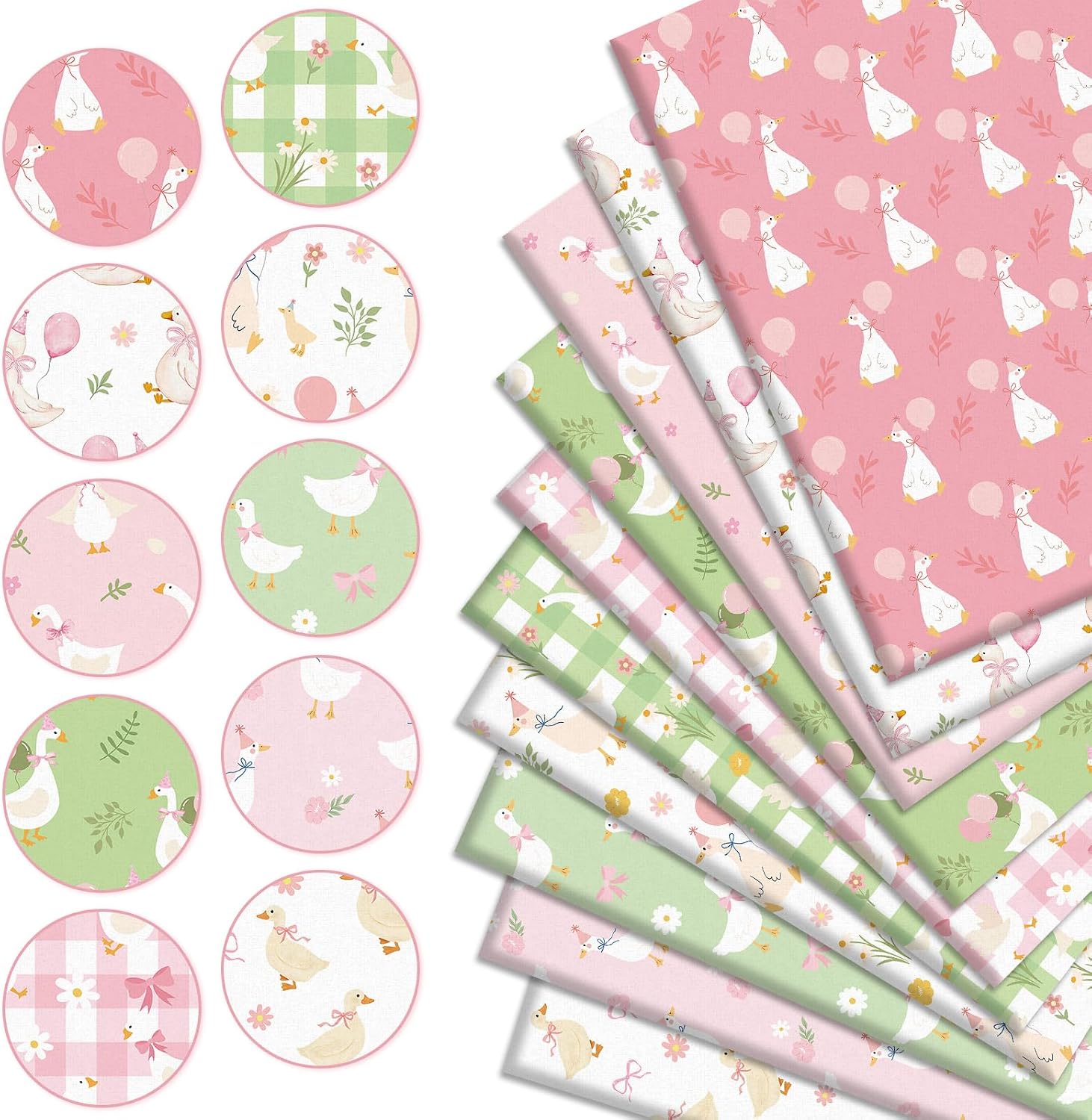 Whaline 10Pcs Silly Goose Cotton Fabric Bundles Pink Bow Plaid Flower Goose Fat Quarters Pink Green Sewing Fabrics for Baby Shower Patchwork DIY Crafts, 18 x 22 Inch