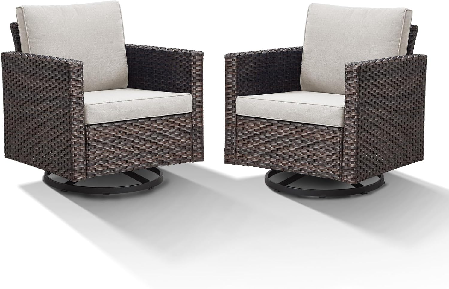 Patio Swivel Chairs,360 Degree Outdoor Swivel Glider Chair Set of 2 with High Back and Thickened Cushions for Deck Porch Garden Backyard-Brown/Beige