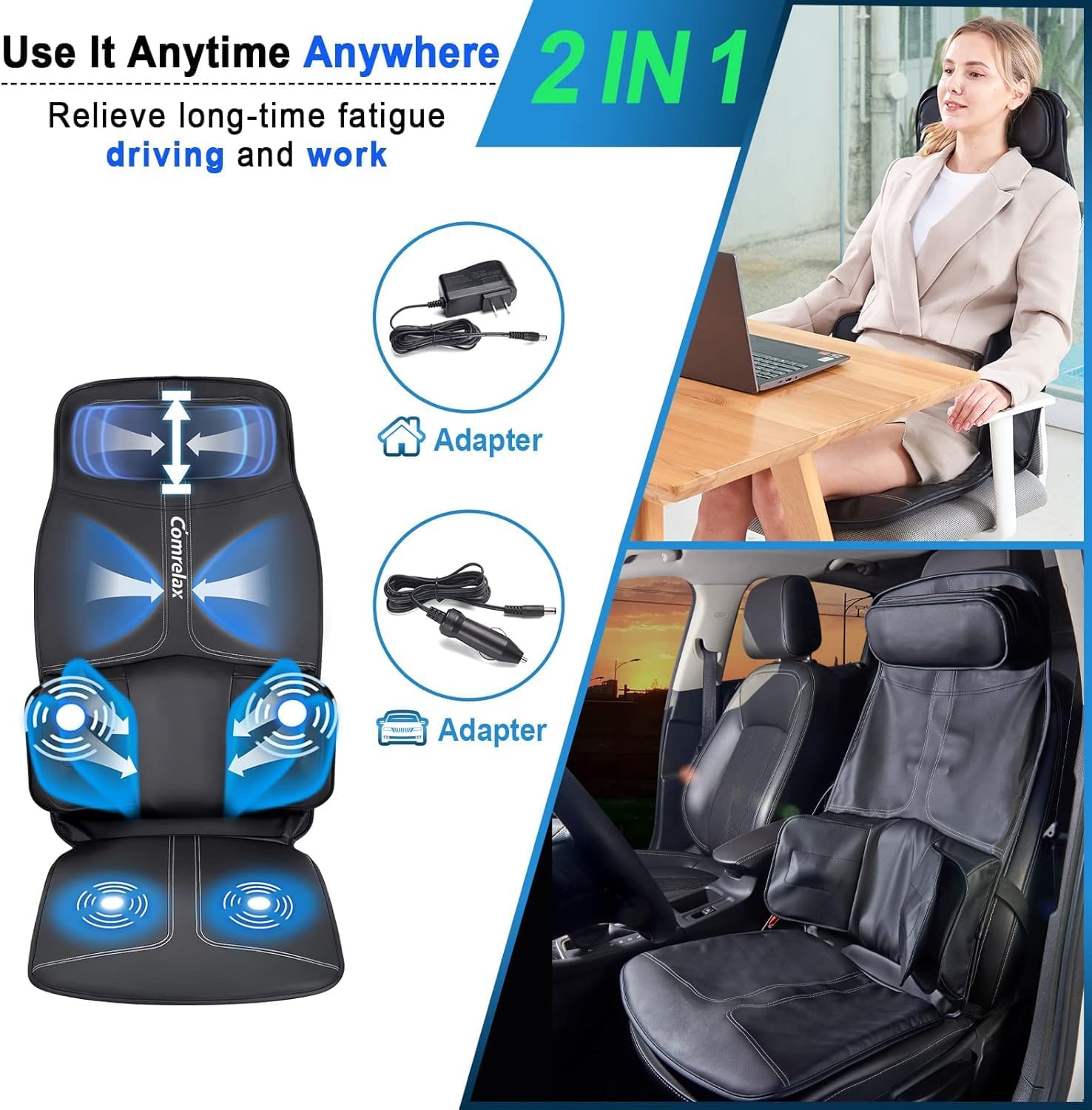 Back Massage Cushion with Compress, Vibration Seat Massage Chair Pad,3 Modes & 3 Intensities Back and Neck Massage for Muscle Fatigue Stress Relief