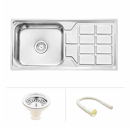 Ruhe Square Single Bowl 45x20x9 Inches Drainboard Kitchen Sink | Premium Stainless Steel Sink with Glossy Finish | Sink Coupling & Waste Pipe Included