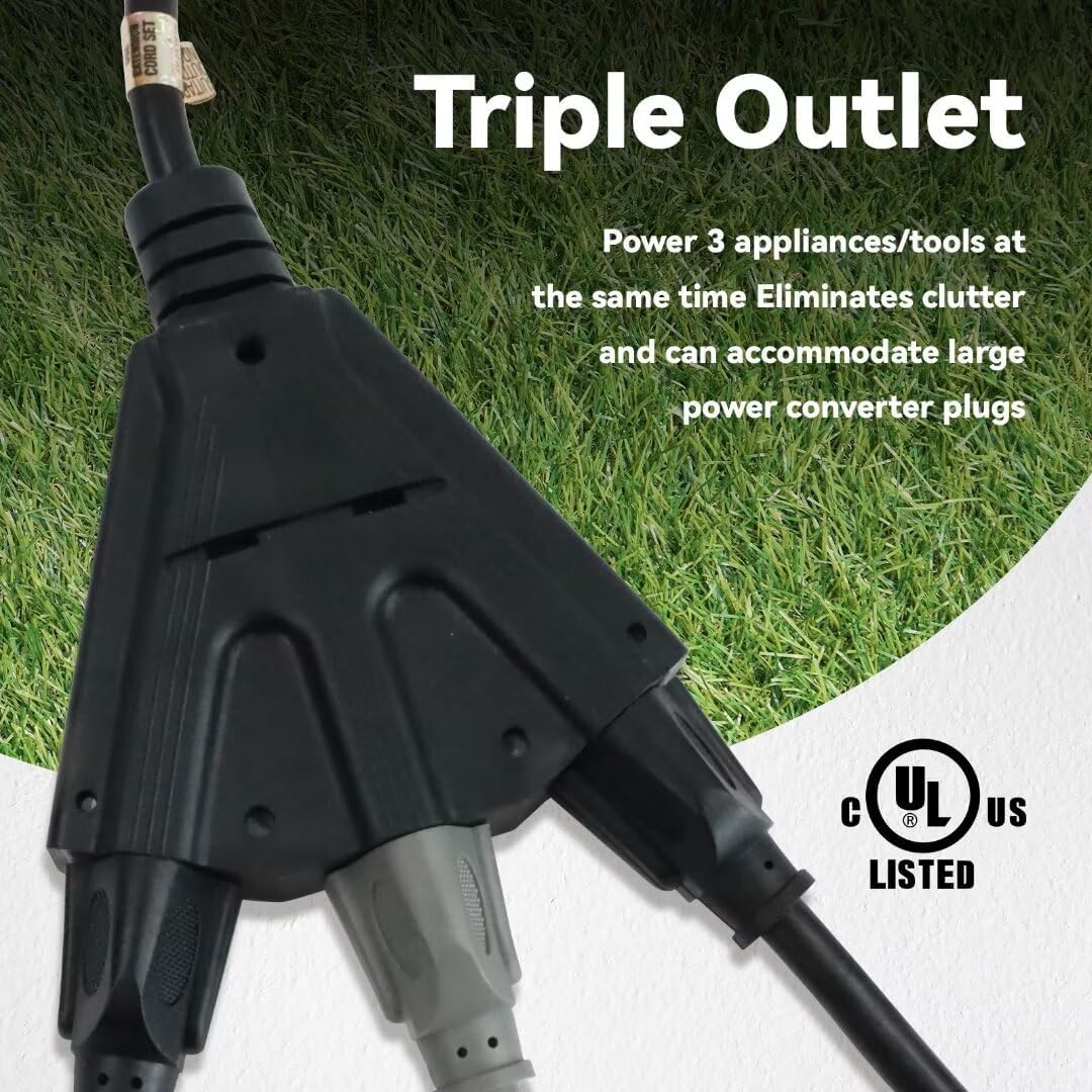 2 Pack 25 Ft Outdoor Extension Cord with 3 Electrical Power Outlets - 16/3 SJTW Black Cable with 3 Prong Grounded Plug