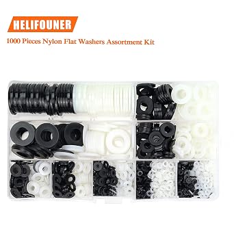 HELIFOUNER 1000 Pieces 9 Sizes White/Black Nylon Flat Washers Assortment Kit - M2 M2.5 M3 M4 M5 M6 M8 M10 M12