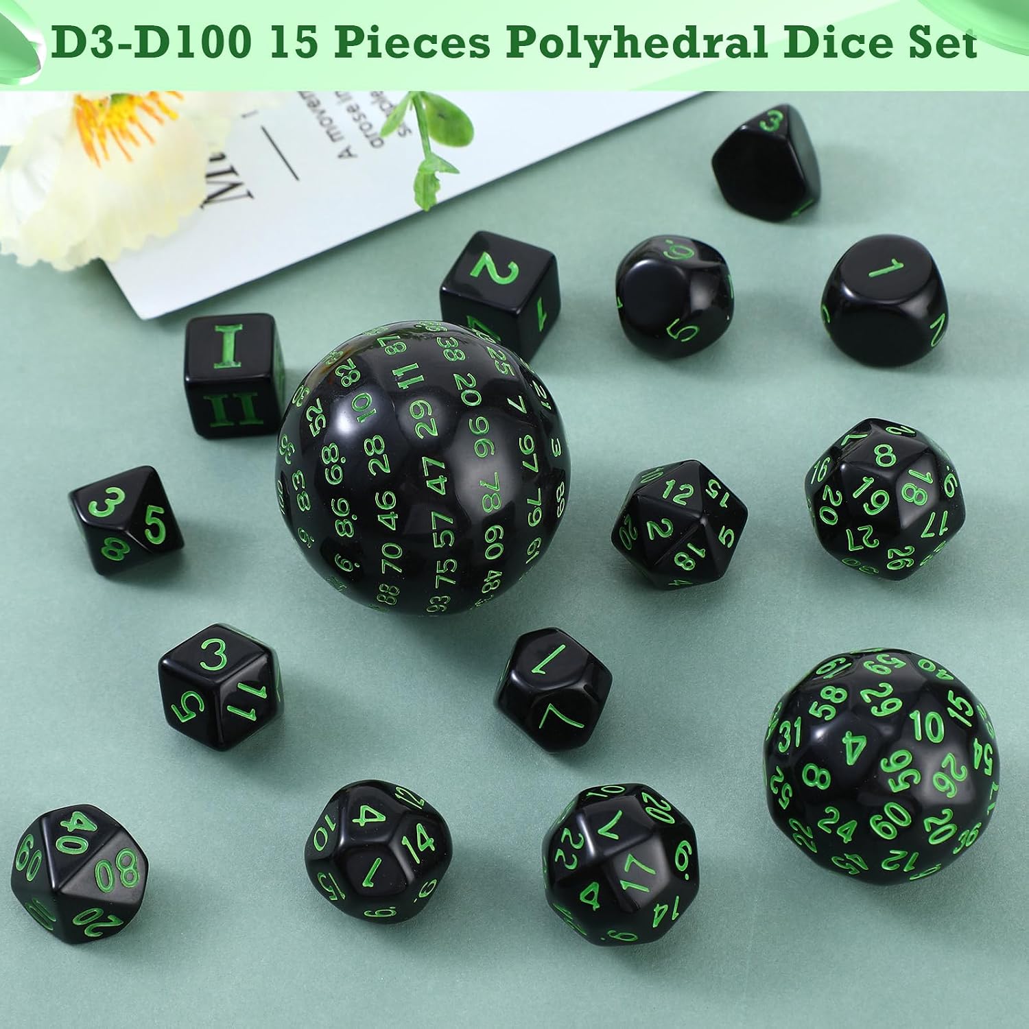 Civaner 15 Pcs Complete Polyhedral Dice Set, Black and Green image 5