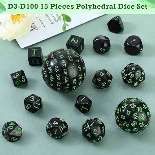 Miniatura 5 de Juego completo de dados poliédricos de 15 piezas D3-D100 esféricos RPG en negro opaco, juego de dados de 100 lados para juegos de rol, juegos de