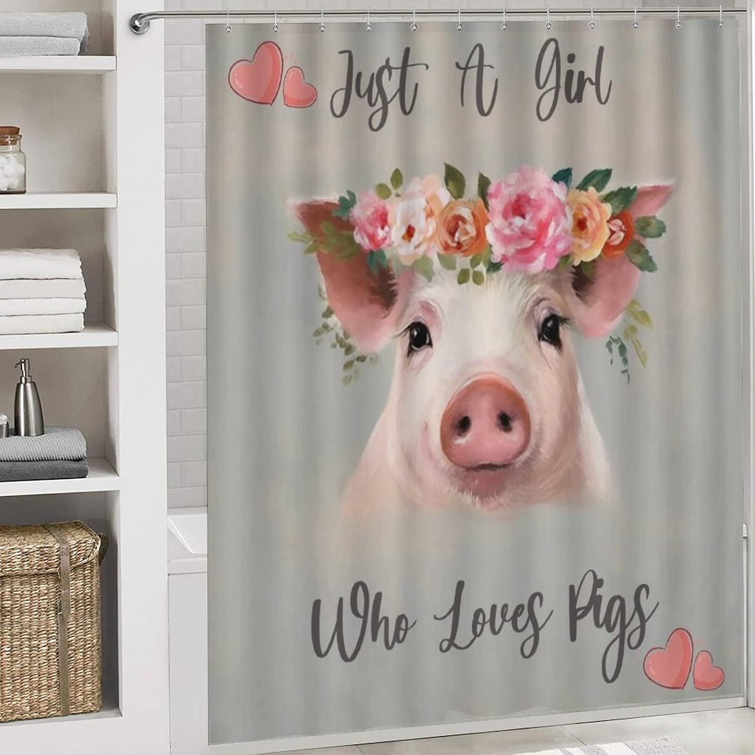 4 Pcs Bathroom Shower Curtain Set,Bathroom Sets with Rugs (Bath Mat,U Shape and Toilet Lid Cover Mat), Just A Woman Who Loves Pigs Bathroom Decor Set