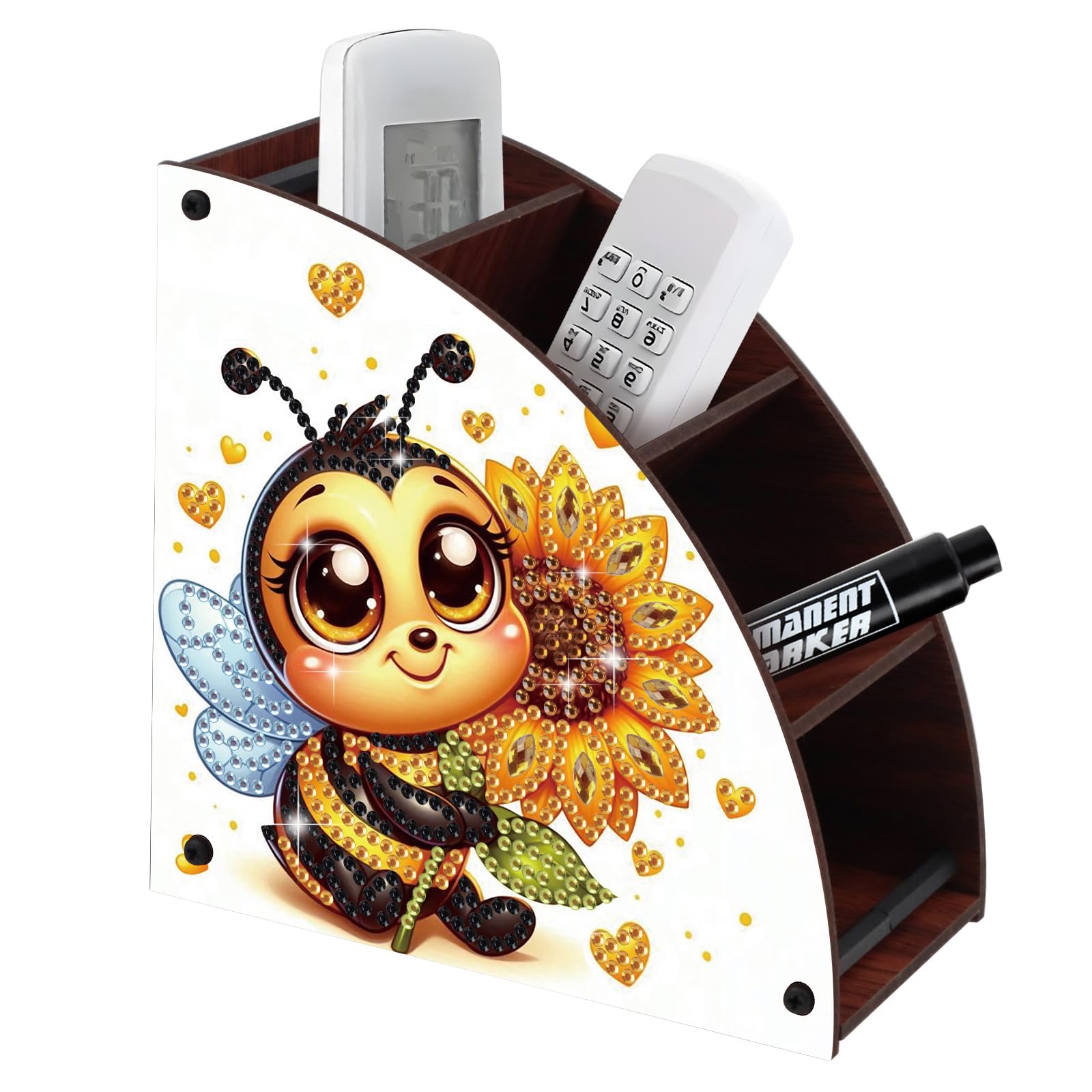 Bee and Sunflower Diamond Painting Organizer – DIY Wooden Multi-Compartment Desktop Storage Box, Rustic Tabletop Craft Kit for Adults Home or Office Use