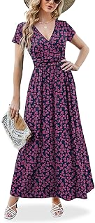 Maxi Dress for Women Wrap V Neck Short Sleeve Empire Pleated Waist Summer Casual Elegant Long Dresses with Pockets