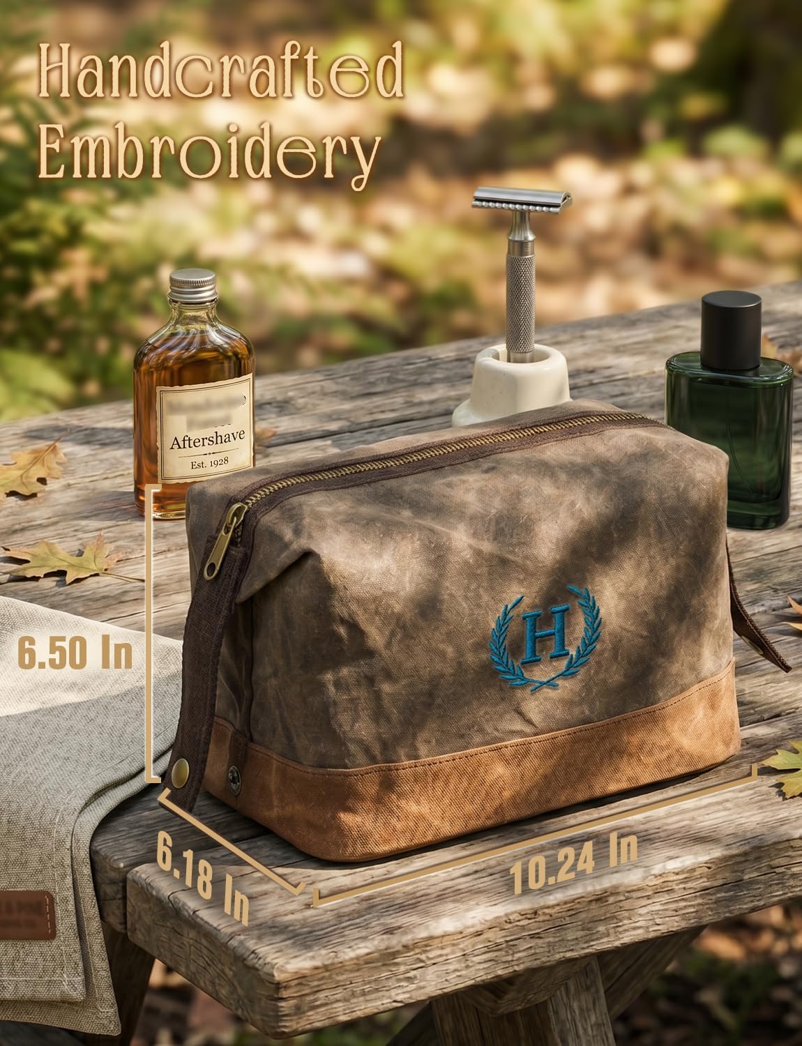 Personalized Toiletry Bag Fathers Day Birthday Gifts for Men, Large Waxed Canvas Travel Dopp Kit Monogrammed Initial Embroidery, Waterproof Shaving Case for Gym Camping Hiking Weekend Trip Letter H image 2