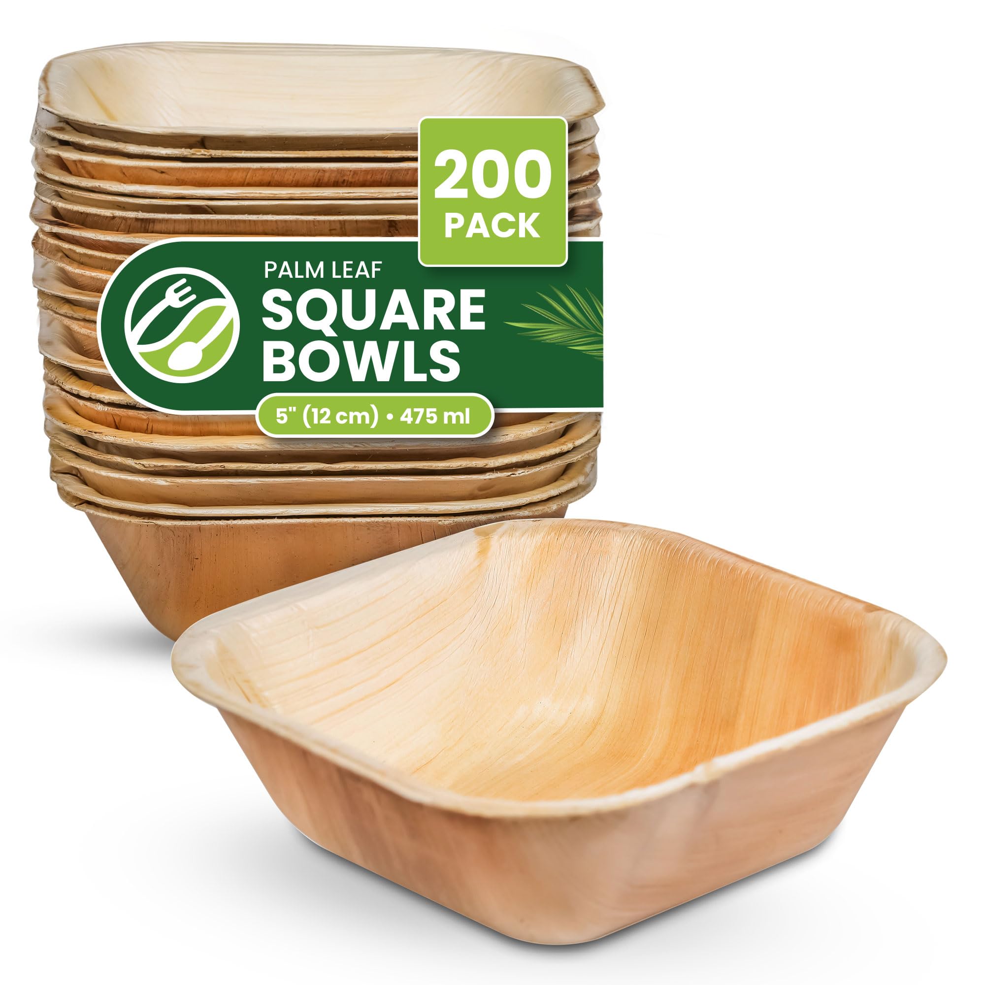 ECO Leaf 200pcs Disposable Palm Leaf Bowls, 5" (13cm) 19.4oz (550ml), for Soup, Desserts & Salad, Sturdy Eco Friendly Biodegradable, Bamboo, Wooden and Paper Bowls for Hot Food, Oven Safe