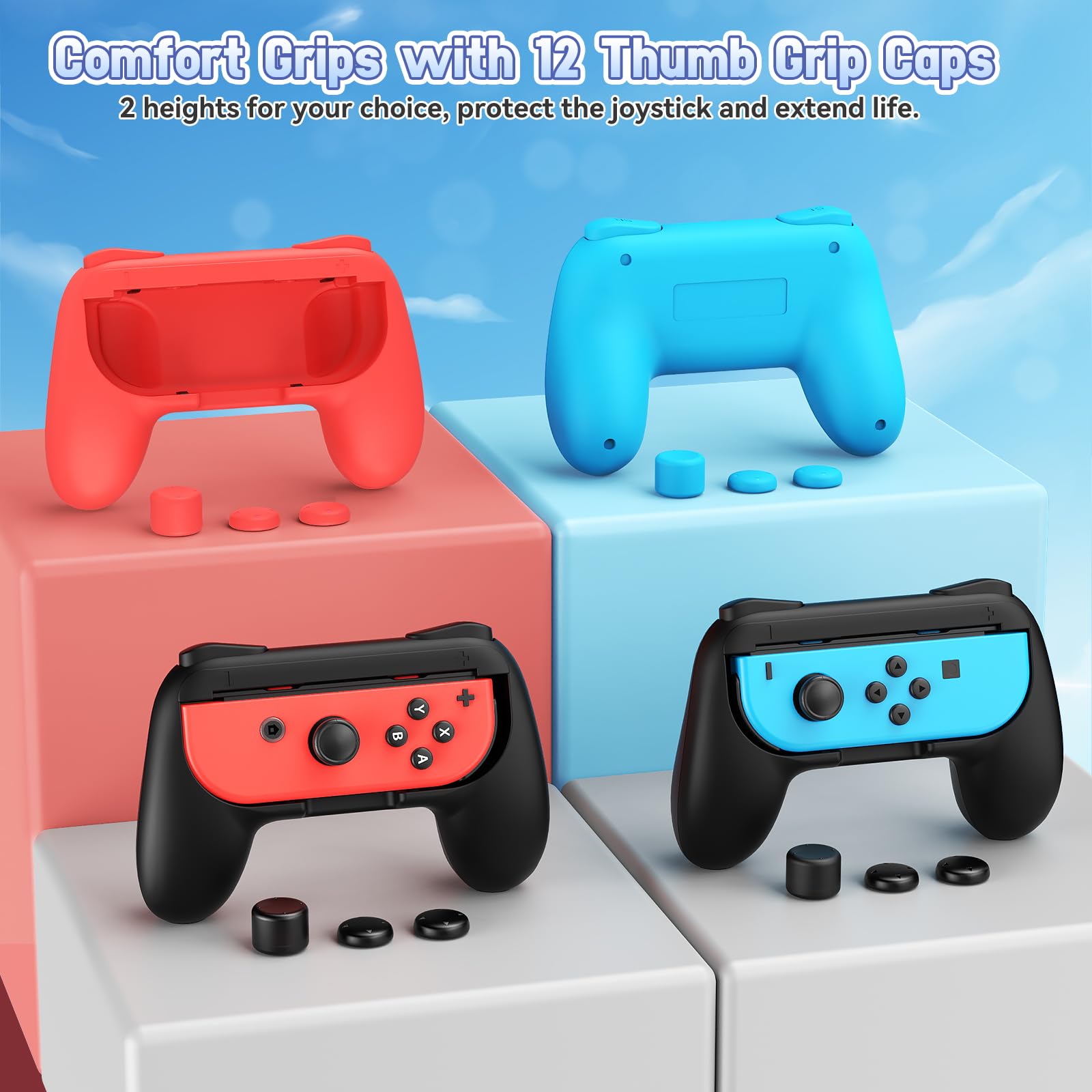 FASTSNAIL Lot de 4 Poignées Compatible avec Nintendo Switch&OLED, Grip Compatible avec JoyCon Interrupteur avec 12 Capuchons de Préhension pour Pouce(Noir, Bleu et Rouge)