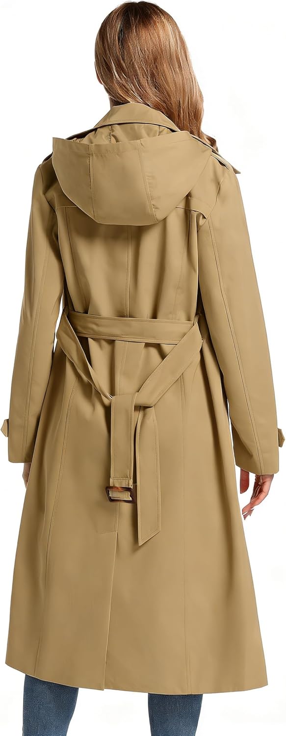 Women's Waterproof Long Trench Coat Double Breasted Length Classic Lapel Belt Coat With Removable Hood