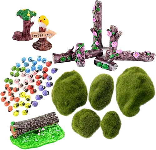 Paquete de 64 figuras de bonsái de tocón de árbol de flores, letreros de camino de bosque de pájaros, calcomanías de mariquita de madera, miniaturas