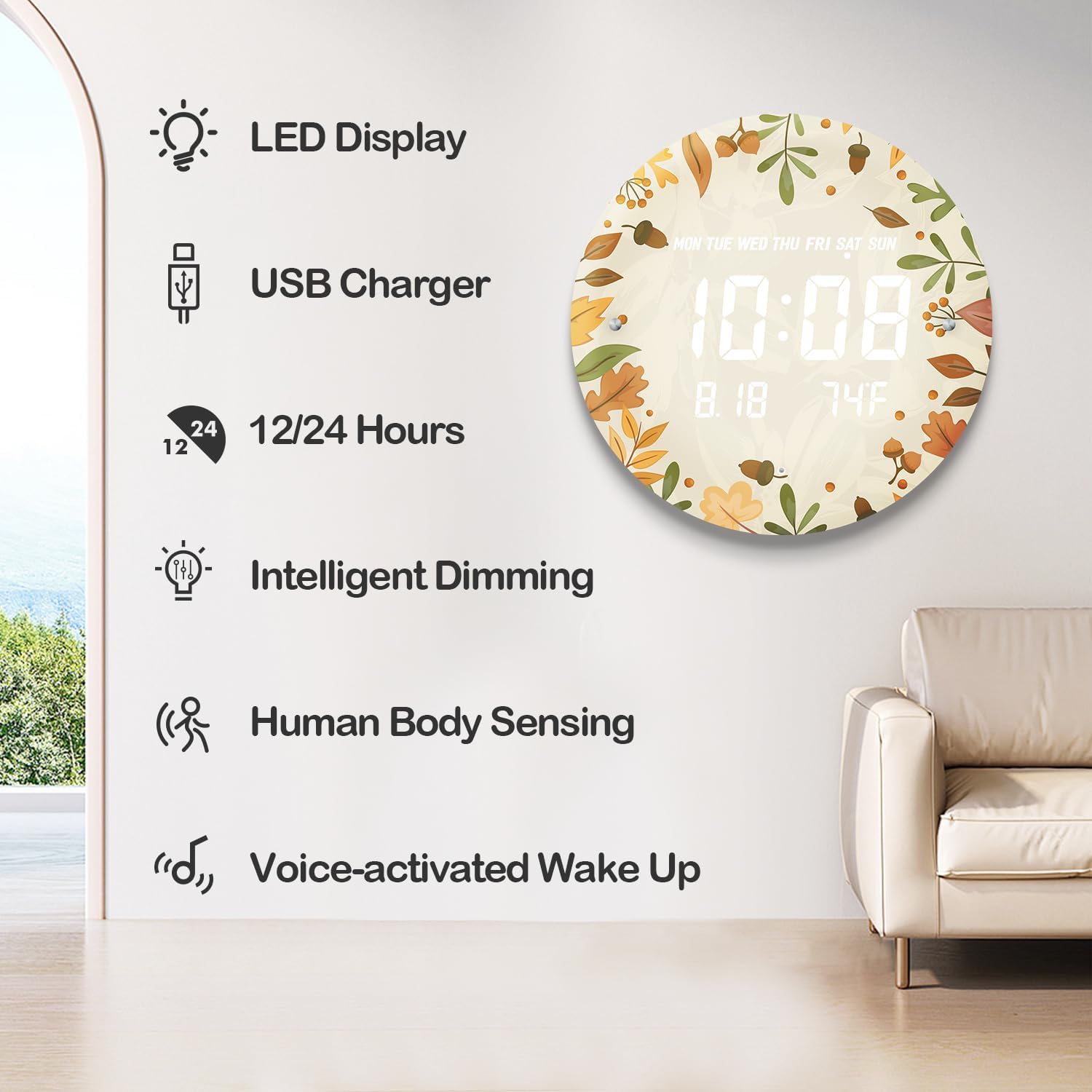 LED Digital Wall Clock, 12 Inch Large Display with Time Date Temperature, Easy to Read, Non-Ticking, Autumn Leaf Decorative Design for Living Room Bedroom Office Kitchen