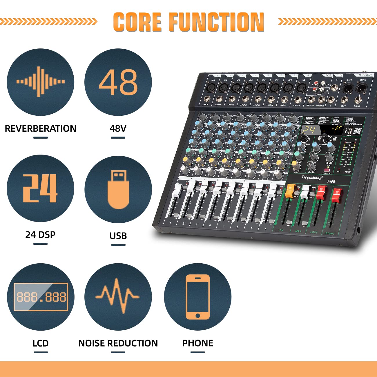 Depusheng FG8 Table de mixage audio professionnelle 8 canaux pour enregistrement sur ordinateur Interface de contrôleur de son 24 effets DSP intégrés avec alimentation fantôme 48 V, MP3, Bluetooth