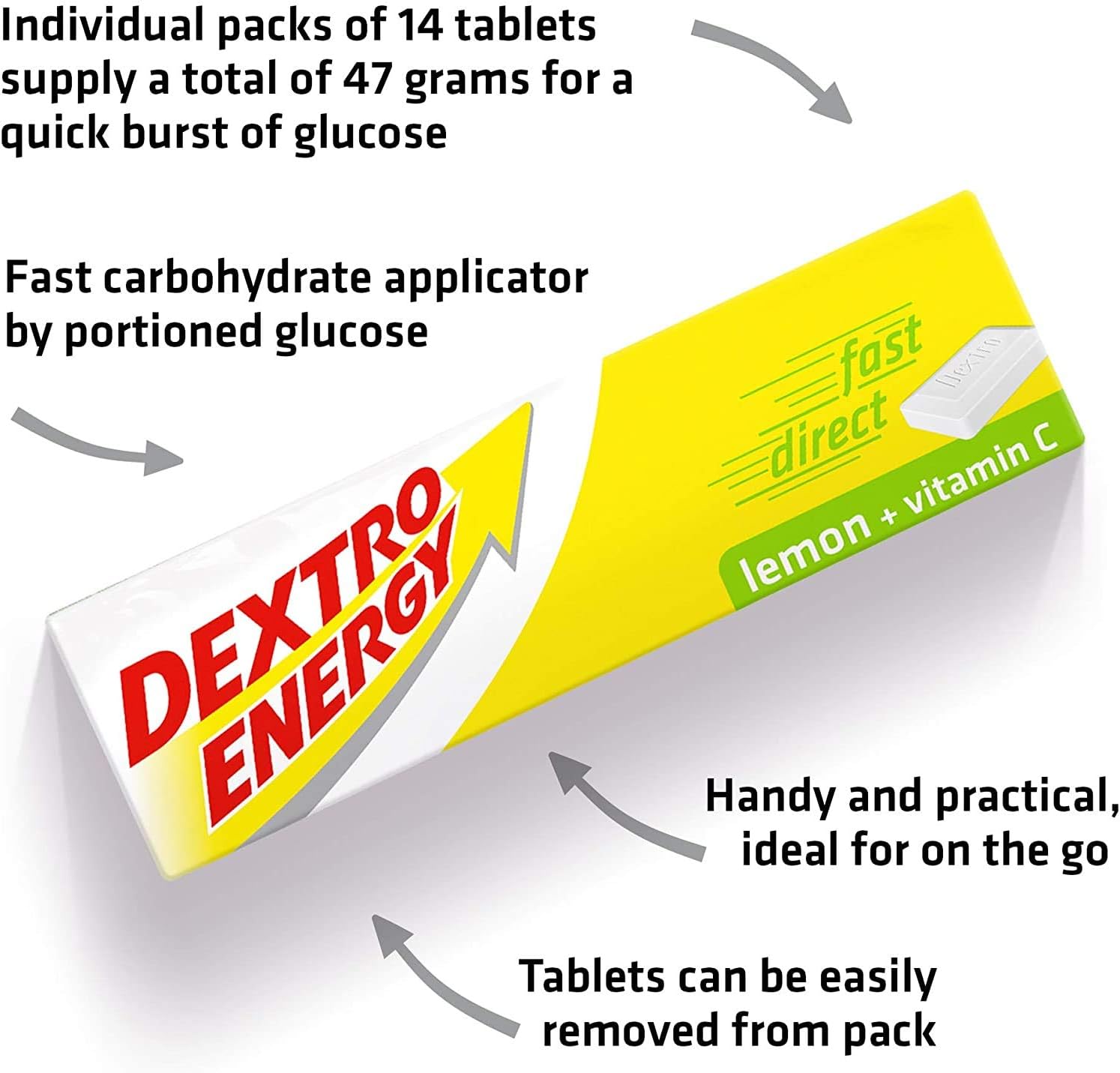 Dextro Energy Lemon Tablets Fast Acting Carbohydrates for a Quick Burst of Glucose with Vitamin C for reduction of tiredness and fatigue Vegan 47g (Pack of 24) - Image 3