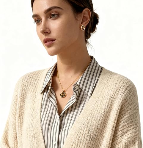 Vista 2 de Juego de joyas de oro grueso de moda para mujer, estilo vintage, marrón, geométrico, aretes y collar con colgante, accesorios